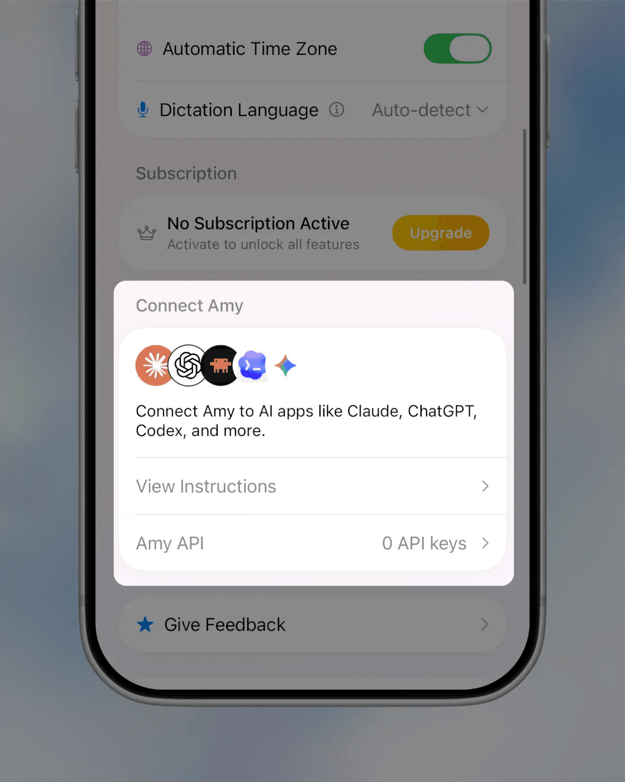 Halogen visual showing Amy's AI connection screen on an iPhone
