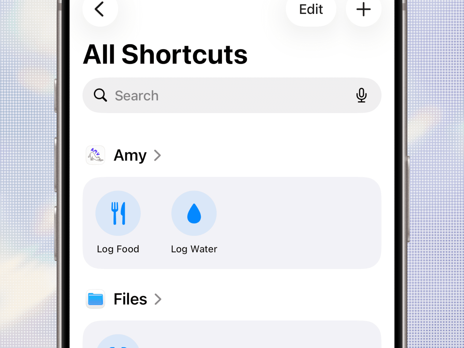 Halogen launch visual showing Amy actions inside Apple Shortcuts